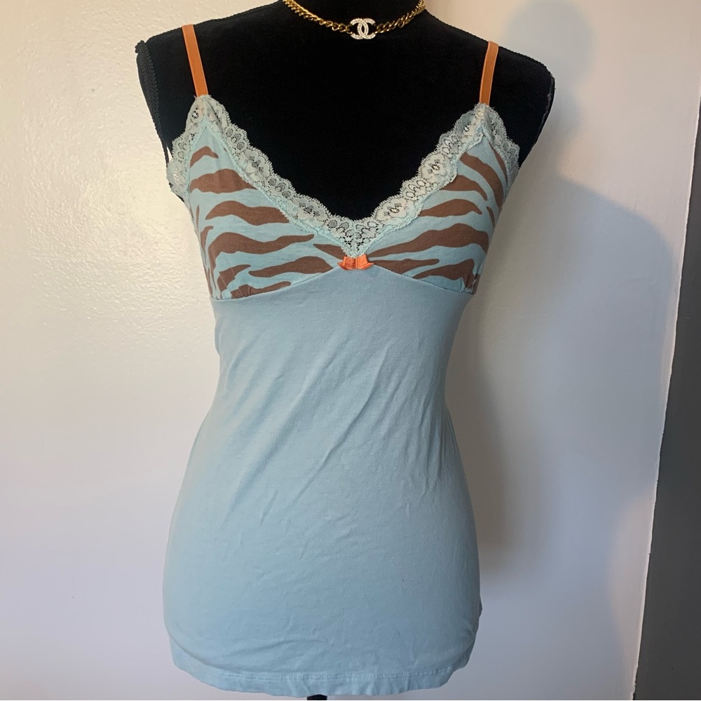 Baby Phat Blue and Brown Lace Trim Top